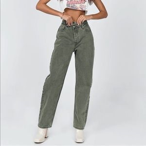 NWOT HOLLY ASYMMETRIC STRAIGHT LEG JEAN GREEN DENIM Princess Polly